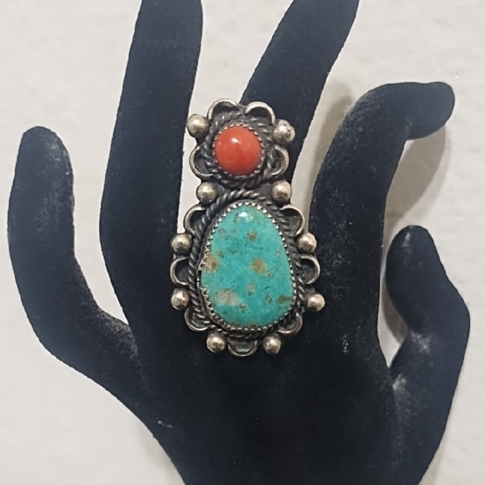 Turquoise and Coral Silver Ring